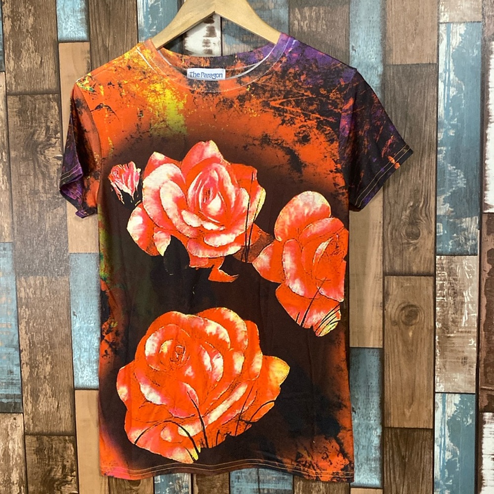 The Paragon Black/Pink Floral Stretchy T Shirt NWOT Sz M